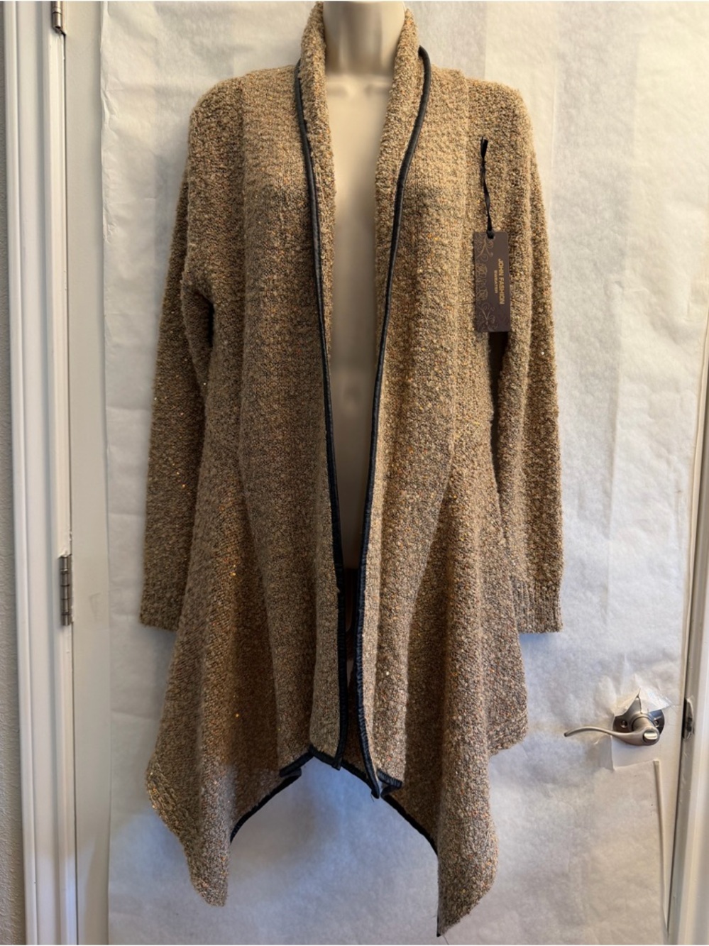 NWT Open-Front Wool Blend Sweater‎ Cardigan Tan&bronze w/black piping Sz-S WNTR